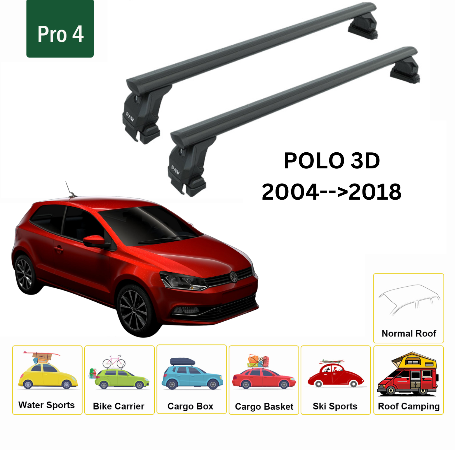 For Volkswagen Polo 3D 2004-2018 Roof Rack Cross Bar Metal Bracket Normal Roof Alu Black For Volkswagen Polo 3D 2004-2018 Roof Rack Cross Bar Metal Bracket Normal Roof Alu Black